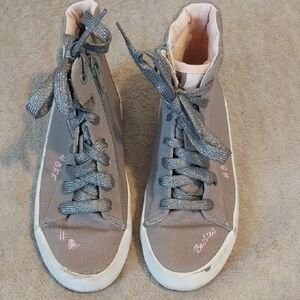 Gray High-Top Sneakers with Pink Accents